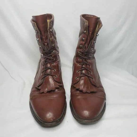 Vintage Justin Mens Sz 8 508 KILTIE ROPER Brown Leather Lace-up Boots - Picture 2 of 7
